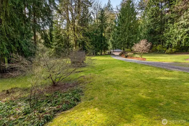 A gently curving gravel drive winds through lush lawn and mature evergreens, delivering that satisfying sense of arrival that only a private acreage property can provide — 3.71 acres with room to breathe in every direction.