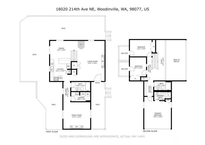 The floorplan illustrates a thoughtfully designed two-story layout — an open main level with living room, family room, kitchen, dining, laundry, and full bath, topped by an upper level with primary suite, two additional bedrooms, and a study with open loft, all served by three bathrooms and multiple deck connections.