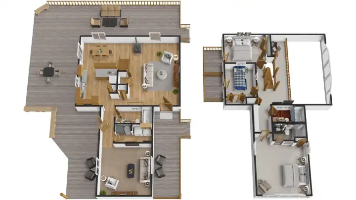 The 3D floorplan brings the home's generous layout to life — an expansive main level with multiple living areas, an updated kitchen, laundry, and abundant deck access flows seamlessly to an upper level featuring the spacious primary suite, two secondary bedrooms, and a study loft, all within 2,210 square feet of authentic log home living.