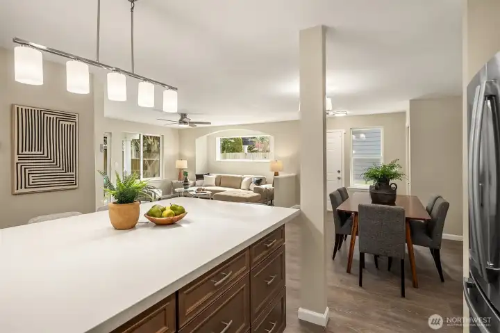 This large kitchen island provides the center piece for this lovely kitchen.  Enjoy the open & spacious floor plan of this main level condo. No wasted space here.
