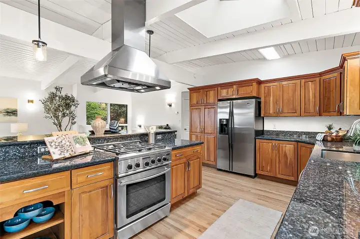 Premium stainless steel appliances including gas cooktop and range.