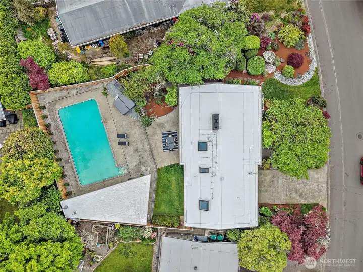 Aerial perspective highlights the generous 9,600 SF lot and outdoor amenities.