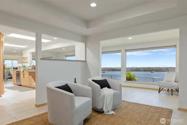 Bar area on back side of living room fireplace. Enjoy the views as well as a cozy fireplace. Perfect spot for an intimate conversation.