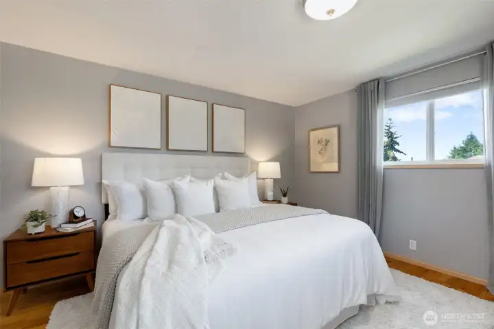 Master bedroom is large enough to accommodate a king sized bed. Master is separated from the other two bedrooms for privacy.