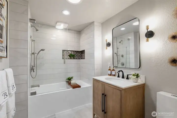 Full bath also recently remodeled. Heated floors and a spa like feel.