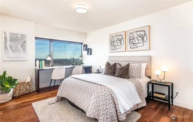 The second bedroom features a built-in desk, adding versatility to accommodate anyone's needs