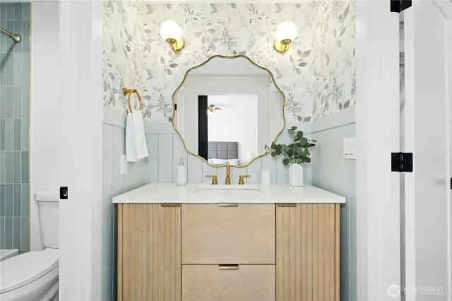 en suite second bath - beautiful design elements ... from the papered walls to the stylish and bath tiles!