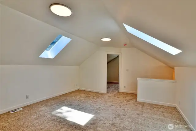 Large upstairs family room with vaulted ceilings and skylights