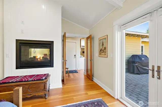 A dual sided fireplace brings warmth and ambiance to the room.