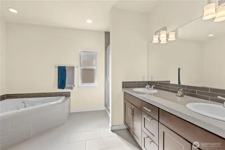 Nice soaking tub and walk in shower
