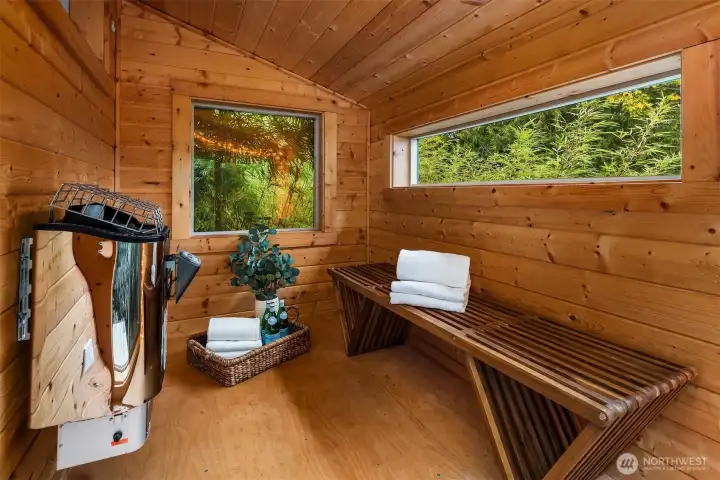 Unwind in the electric dry sauna and enjoy the mountain views