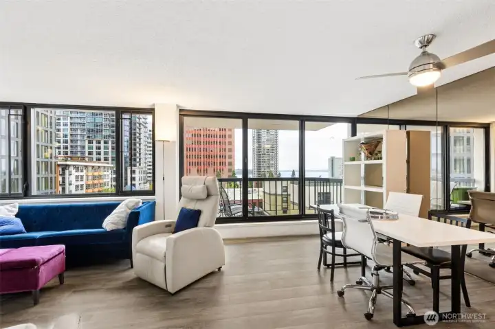 Floor to ceiling new insulated windows with new with incredible views of Elliott Bay, Olympic Mountains & Seattle city skyline.