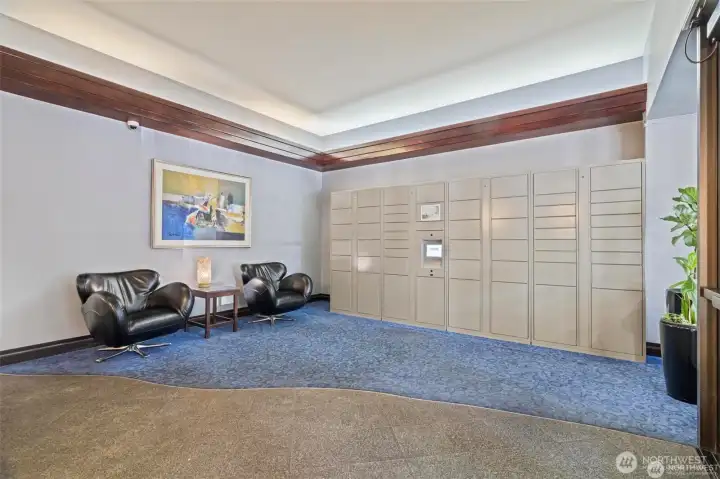 Amazon lockers located inside the lobby.