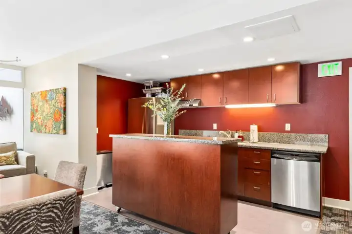 Kitchen inside the community room makes a nice place to bring in the catering for a special day.