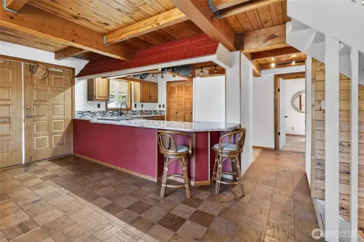 Kitchen, eat in space, and dining room~