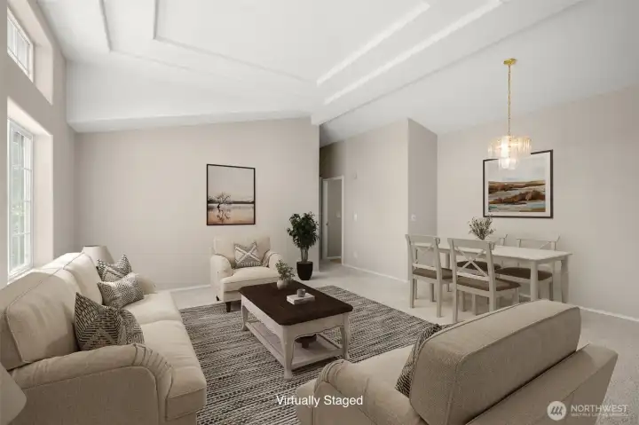 Virtually Staged large living room/formal dining area with cathedral ceilings.