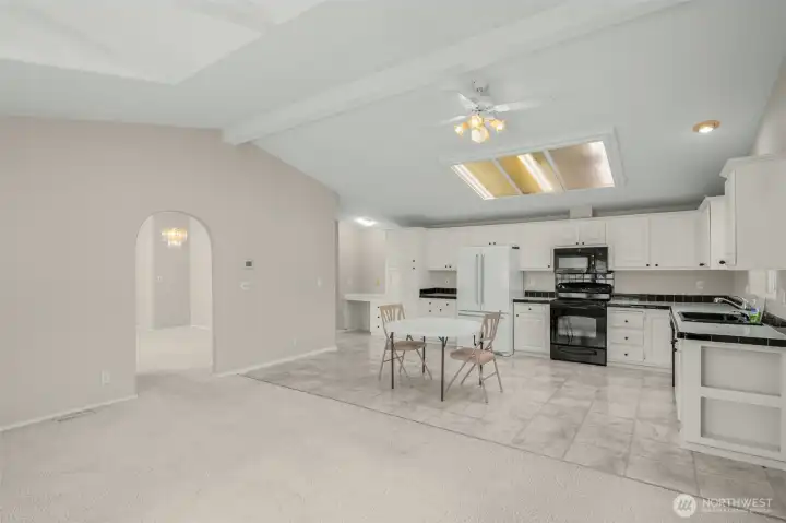Open concept kitchen and family room.