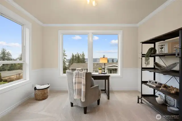 Work from home?  Yes please!  Spend a minute in this fantastic office with wainscotting, crown molding and windows galore to take in the views.