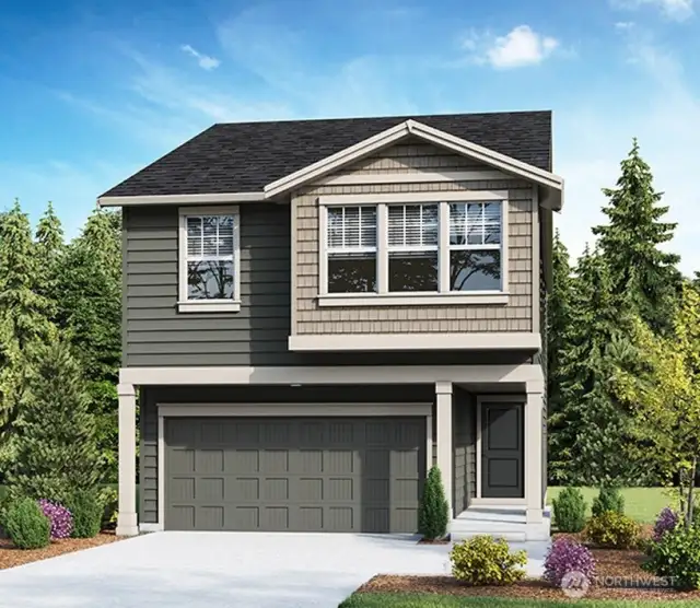 Birkdale Elevation B Floorplan Rendering. Depictions of homes or other features are artist conceptions. Hardscape, landscape, and other items shown may be decorator suggestions that are not included in the purchase price and availability may vary. No view is promised. Views may also be altered by subsequent development, construction and tree growth and landscaping.
