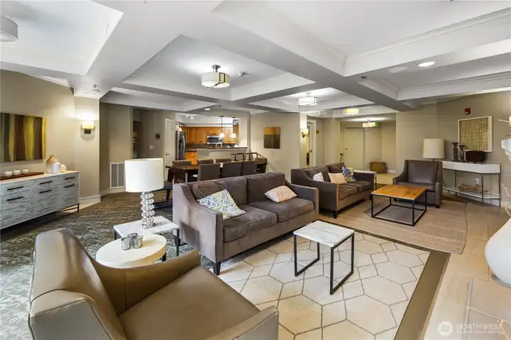 Amenities are on the second floor. Here's the club room with kitchen, fireplace, TV, small business center, and plenty of room to stretch out and entertain.