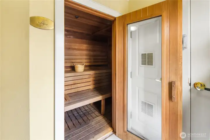 As we walk back in from outside, here's your sauna as well.