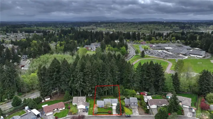 Red border shows the approximate property lines for this 1/4 acre lot.