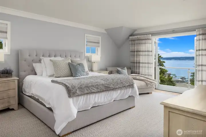 Sophisticated primary suite offers a soothing palette.