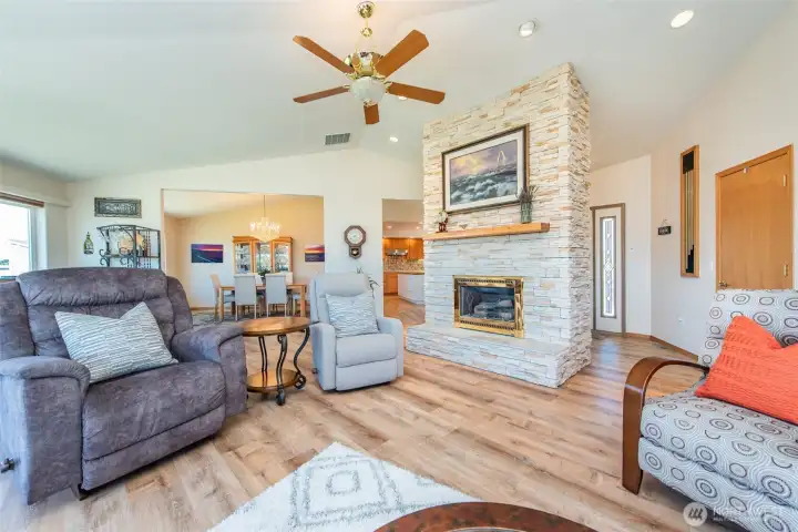 Floor-to-Vaulted-Ceiling Stacked Stone Fireplace