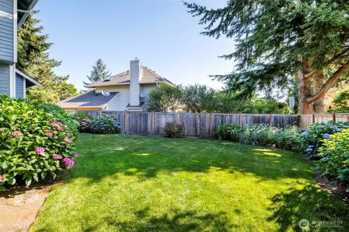 Level & fenced yard w/ great color, sunlight & privacy