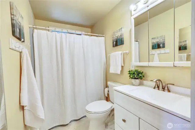 This full bathroom is off the hallway on the main floor.