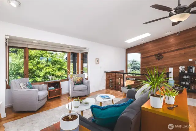 Open living space with vaulted ceilings.