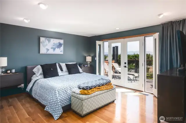 Primary bedroom with custom paint, wood floors and walk out to deck with views of the mountains and farmlands.