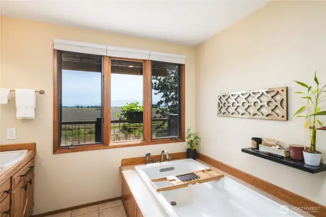 Spa-like primary ensuite with soaking tub, double sink vanity and walk-in shower. Enjoy gorgeous mountain and farmland views as you relax!