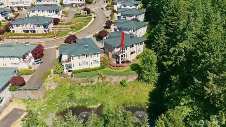 This home has a private deck overlooking the community pond with views of trees, mountains and the sound