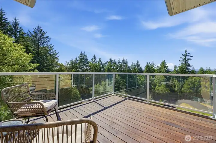 Large deck overlooks community pond with views of the trees, mountains and sound
