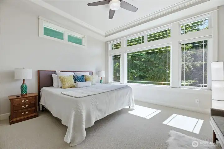 Primary suite is filled with large windows to let the natural light in with views of trees and total privacy.