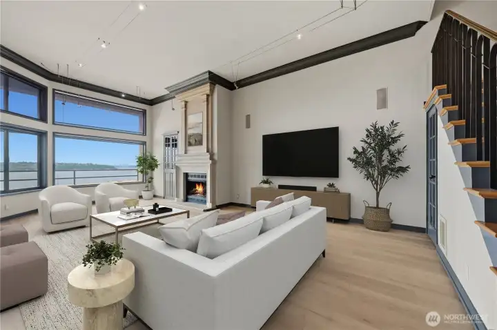 A dramatic & grand living room with soaring ceilings, stunning wood burning fireplace, built-in cabinet & walls of glass to soak in the views! (Virtually staged) A dramatic & grand living room with soaring ceilings, stunning wood burning fireplace, built-in cabinet & walls of glass to soak in the views! (Virtually staged)