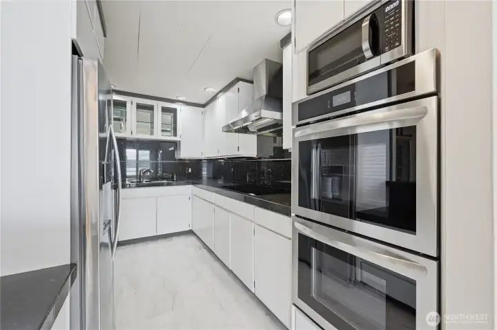 A closer look at the double oven, microwave & refrigerator. A closer look at the double oven, microwave & refrigerator.