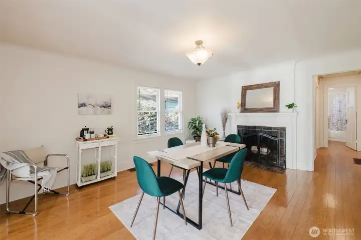 Formal dining room with fireplace
