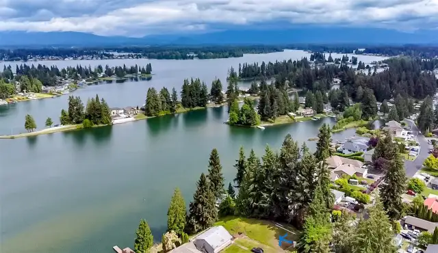 Drone view of Lake Tapps.  Lot marked w blue X