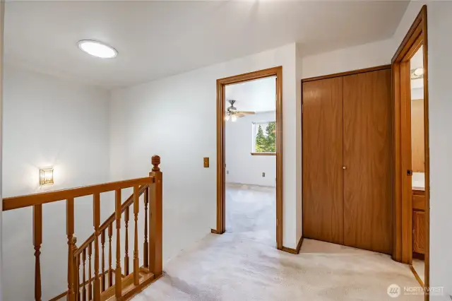 Landing upstairs. Bedroom #1 in the background, full bathroom to the right