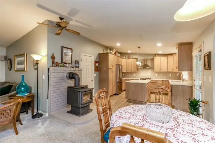 The wood burning stove adds comfortable warmth.