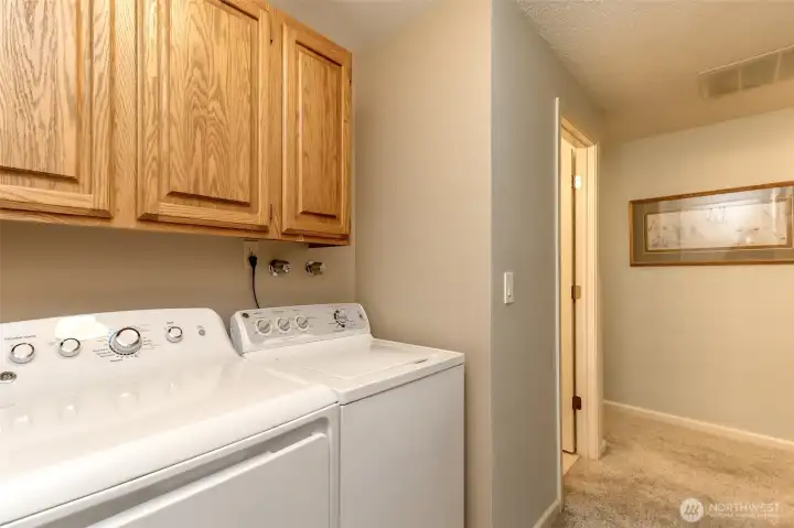 Laundry space with cupboards to store supplies.