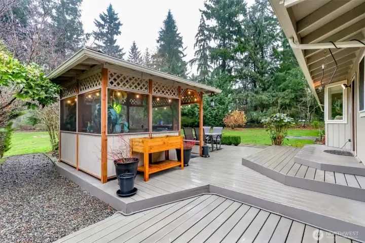 The large deck and covered cabana are perfect for hosting family and friends.