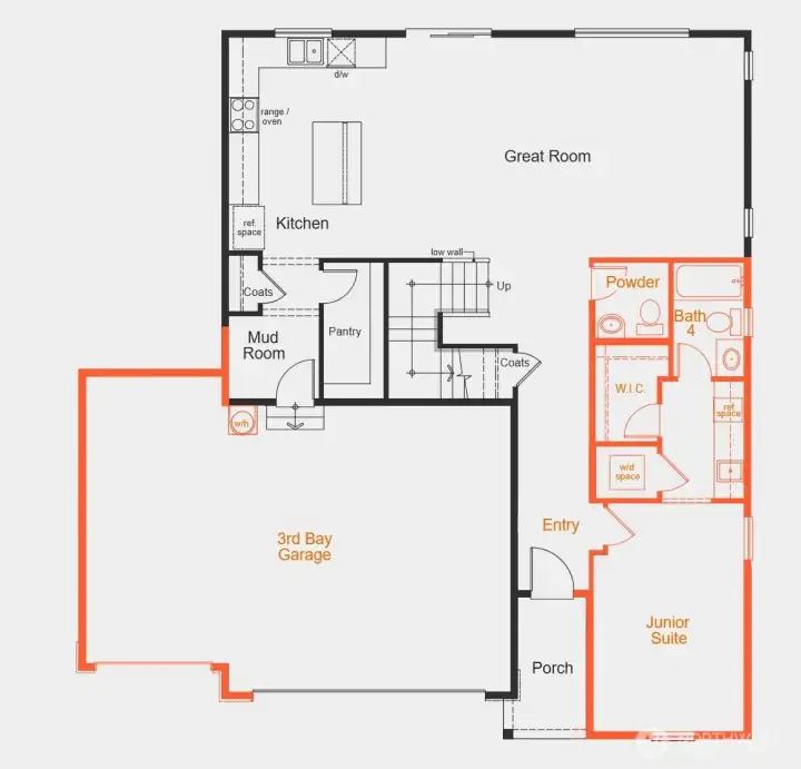 Floor one with Jr Suite + 3-car garage   option/layout