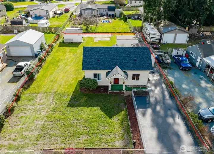 Drone footage- from North. Red lines are for reference only.