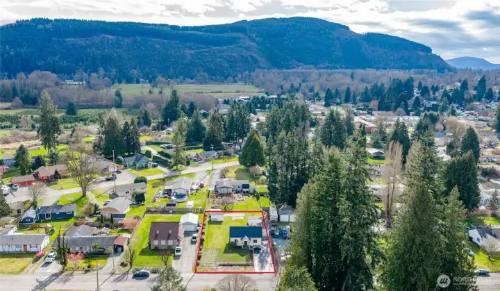 Drone footage- from North. Red lines are for reference only.