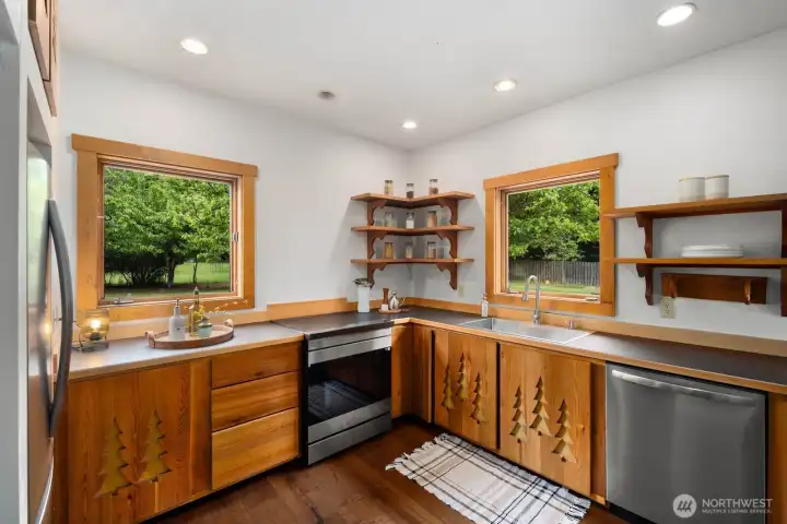 New fridge and refinished original cedar cabinets