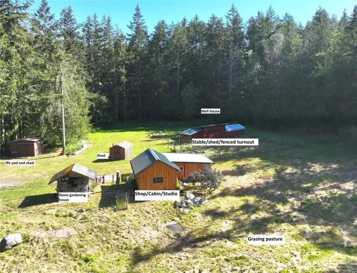 A former milking shed with a commercial kitchen, this repurposed studio has power water and a composting toilet. NOT a legal ADU, but previously rented out. This sits near the entrance to the property and includes the stables, turnouts, RV pad and shed buildings as well.