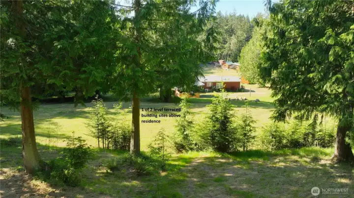 Standing on the second bench, looking down over the 1st bench/building site/pasture sits the home and the Studio beyond. The rise of the property is approx. 80' giving an outstanding pastoral view with no 'view clutter' from surrounding properties. It's like being on a beautifully treed island of PNW beauty.